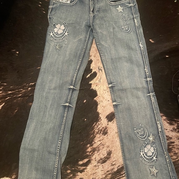 Blue Jeans with Decorative Embellishments and Contrast Stitching - Picture 2 of 10
